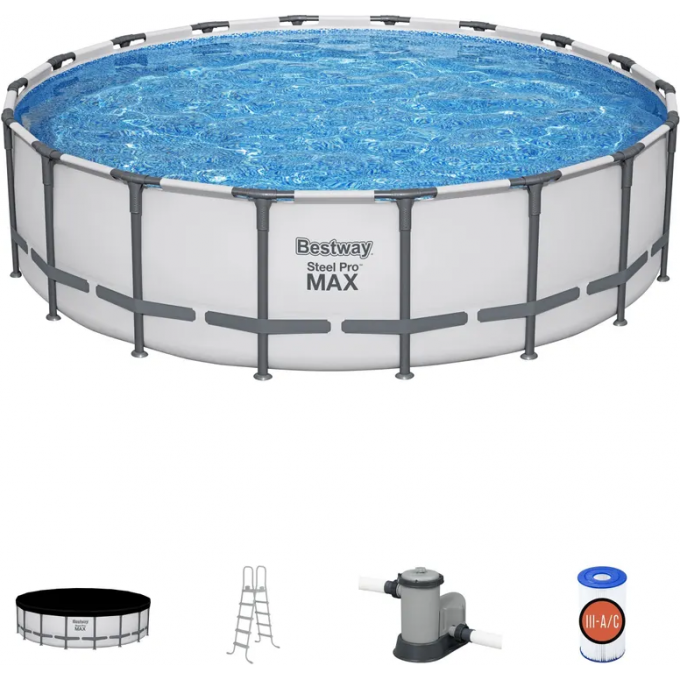 Каркасный бассейн BESTWAY STEEL PRO MAX 561FJ 549x132 см, 26000 л, фильтр-насос 5678 л\ч, лестница, тент 561FJ BW
