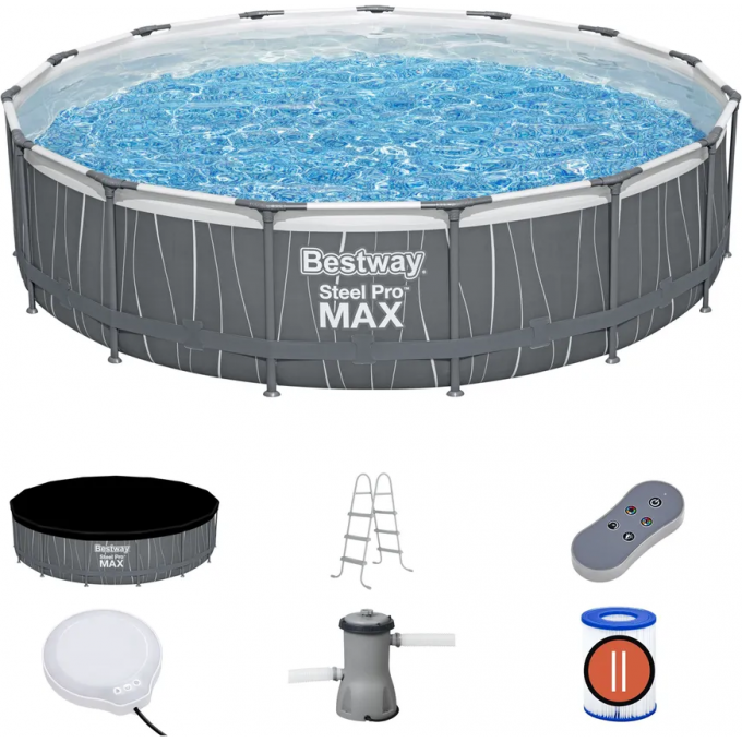 Каркасный бассейн BESTWAY STEEL PRO MAX 561GD 457x107 см, 14970 л, фильтр-насос 3028 л\ч, лестница, тент, подсветка 561GD BW